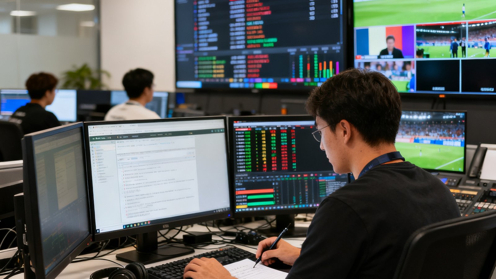 6686体育核心团队在赛事编辑室工作场景，大屏显示实时数据流与多路直播信号，编辑正在撰写战报